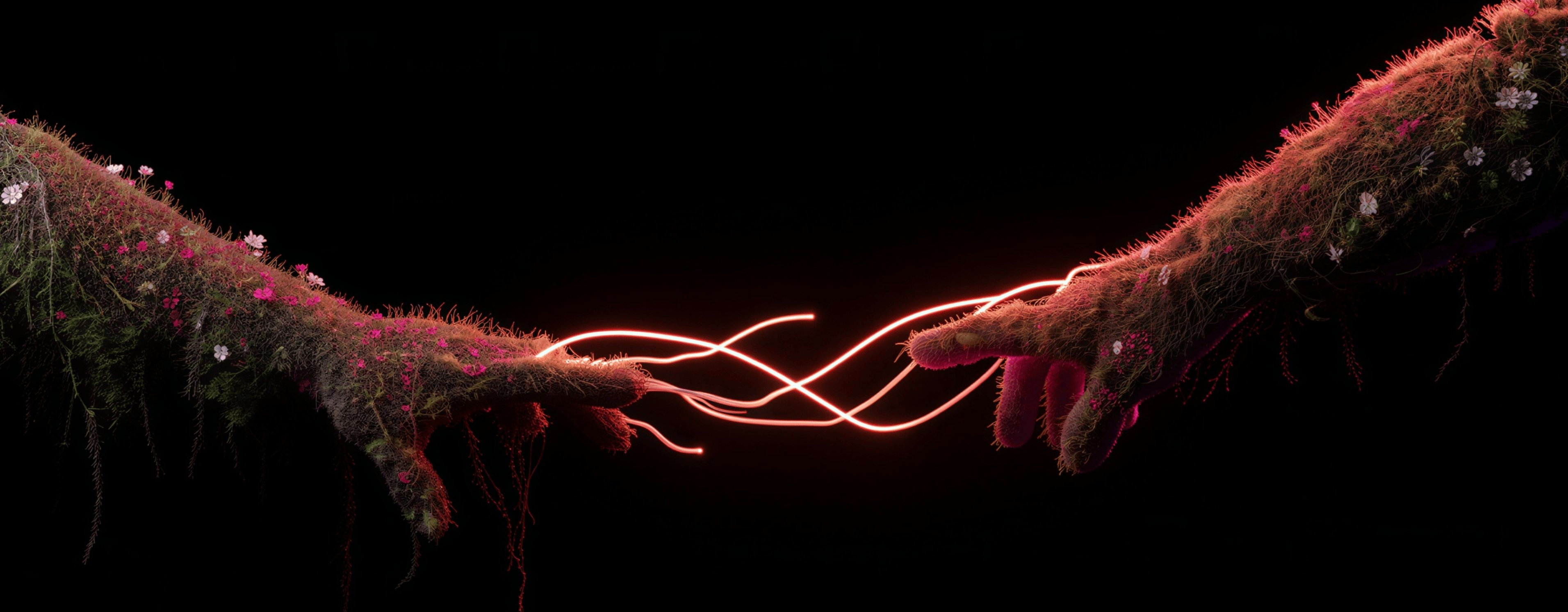 Connected hands with glowing strands